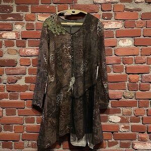 Brown Animal Print Tunic with Green Accent